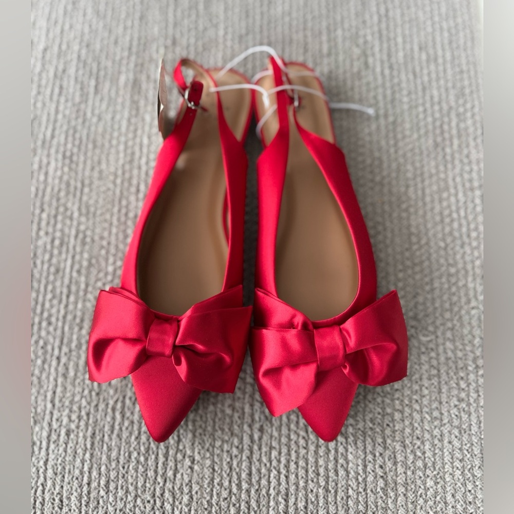 A New Day Red Satin Slingback Bow Detail Pointed Toe Flats Dress Shoes Sz 8.5 - Picture 2 of 5